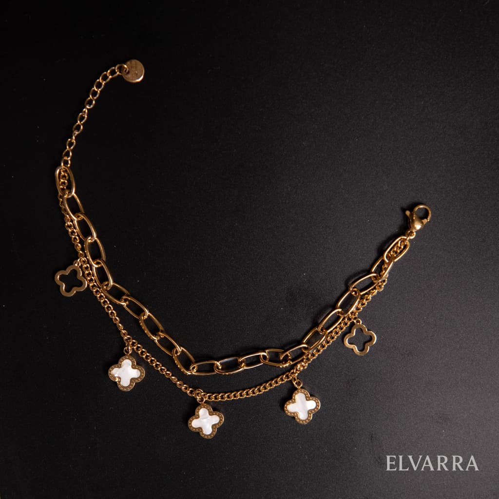 Double Chains Fashion Lucky five Leaf Clover Stainless Steel Bracelet