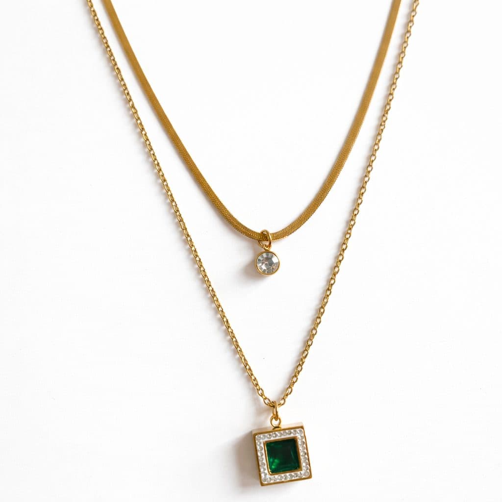 Elegant Dual Layer Gold Necklace with Emerald Square Pendant